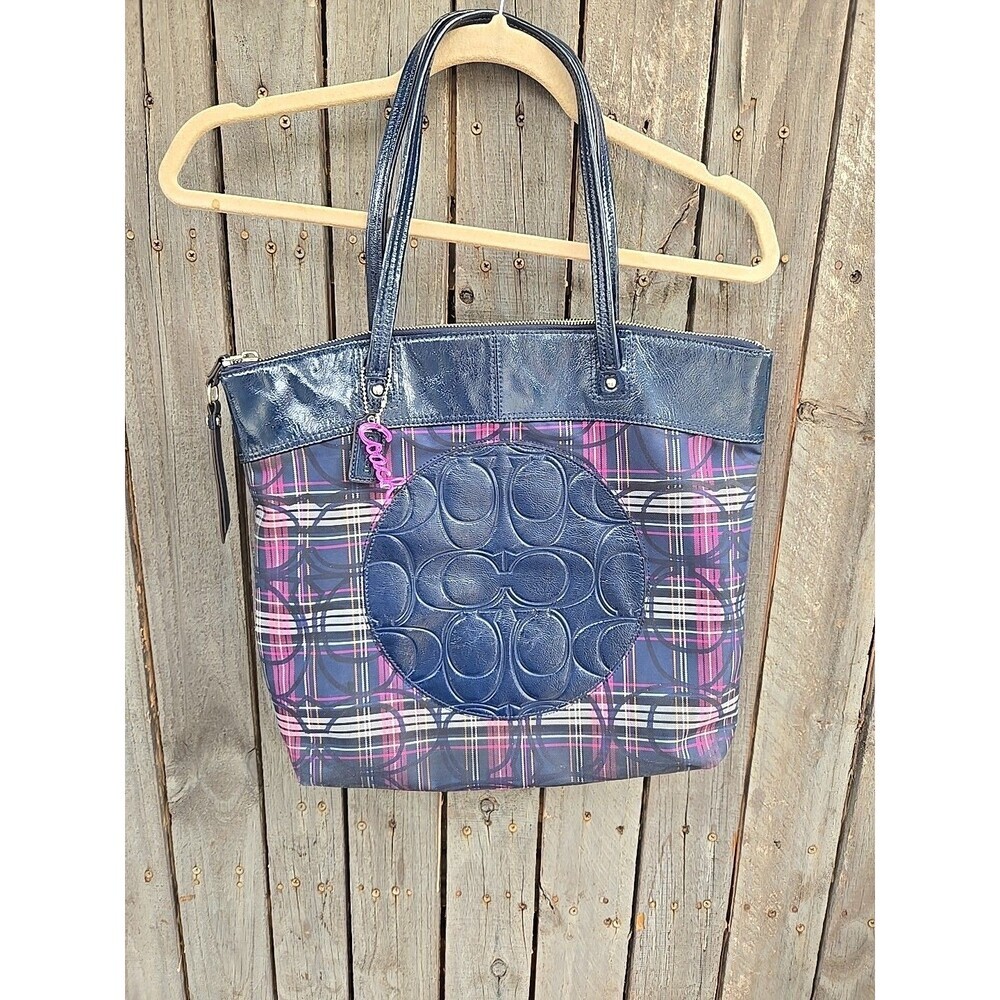 COACH  poppy tartan signature tote bag blue/purple F-20109